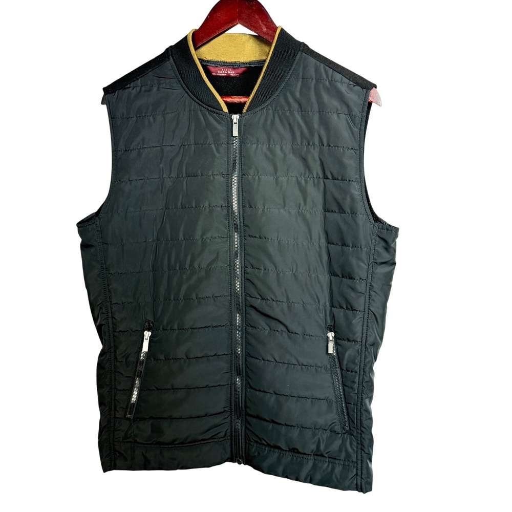 Zara Man Quilted Puffer Vest Black Mixed Media Knit Back Full Zip Mens XL